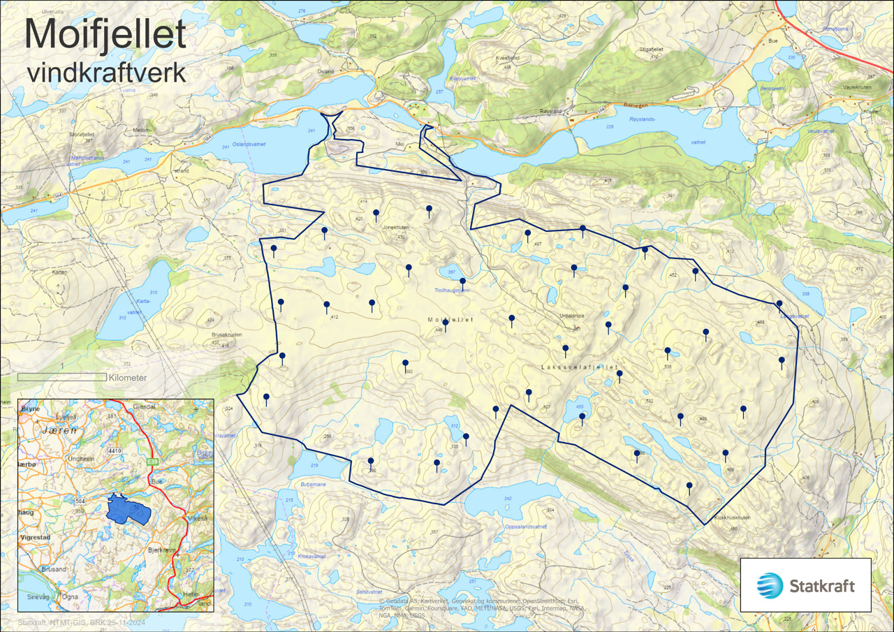 Kart over området vindturbinene kan komme til å plasseres
