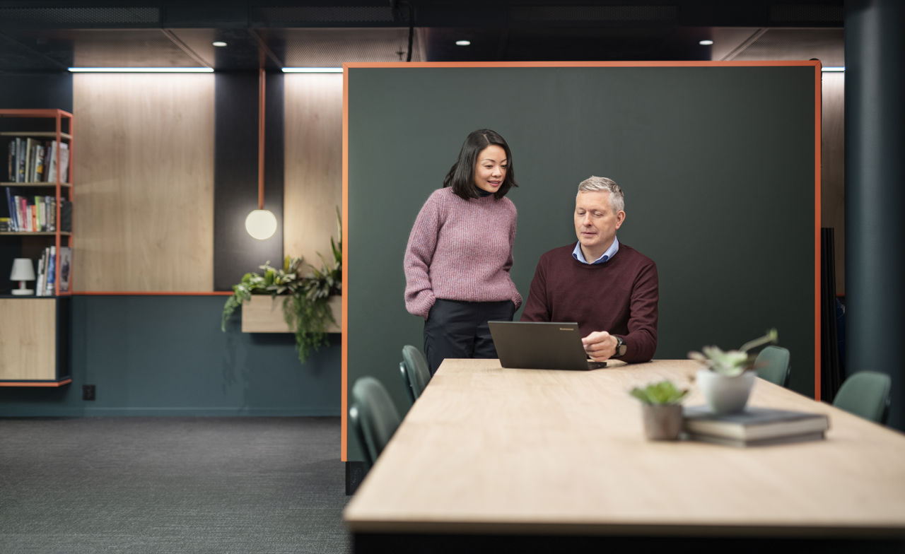 To ansatte ser på en pc-skjerm sammen